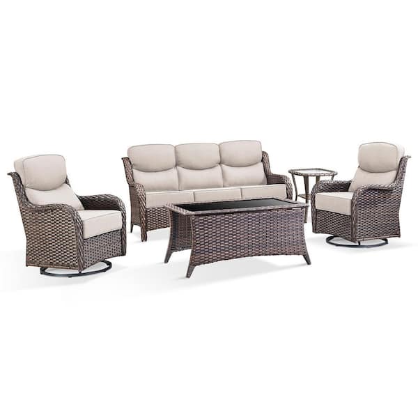 JHXL 5-Piece Outdoor Wicker Patio Conversation Set Swivel Rocking Chair with Beige Cushions