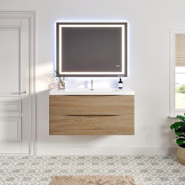 Eviva Smile 48 in. W x 19 in. D x 21.5 in. H Bathroom Vanity in White Oak with White Acrylic Top with White Sink