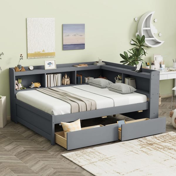 Grey Full Size Daybed with 2 Drawers, Power Outlets, USB Charging Ports and Bookcases