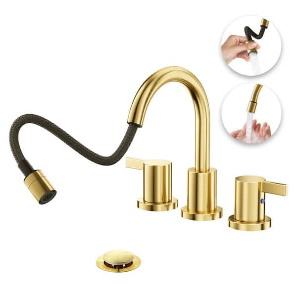 Pull Down Sprayer Brushed Gold 8 in. Bathroom Sink Faucet, 2-Handles 3-Hole Widespread Pull Out Bathroom Faucet