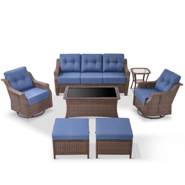 Circle Brown 7-Piece Wicker Patio Conversation Seating Set with Blue Cushions, Outdoor Sofa set with Coffee Table