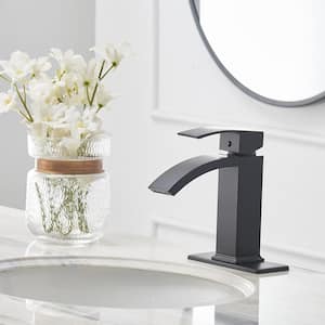Waterfall Single Hole Single-Handle Low-Arc Bathroom Sink Faucet With Pop-up Drain Assembly In Matte Black