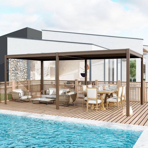 10 ft. x 20 ft. Aluminum Frame Louvered Pergola with Adjustable Roof, Efficient Drainage System in Brown