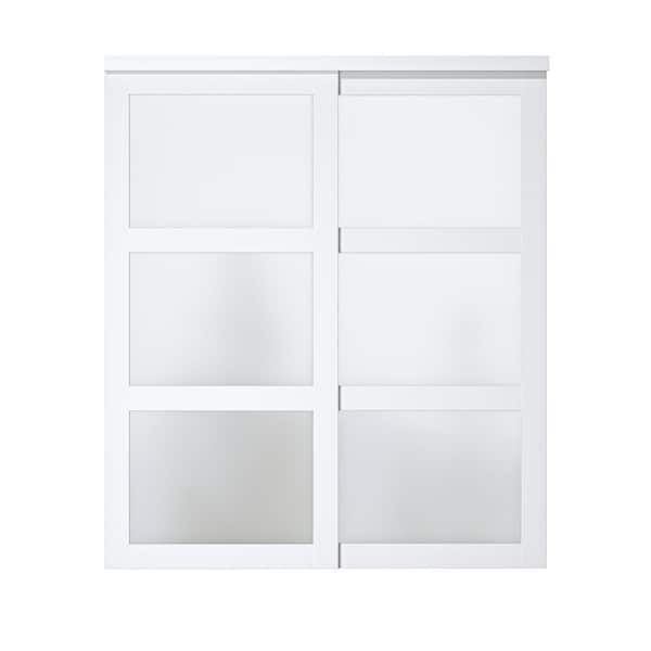ARK DESIGN 72 in. x 80 in. 3 Lite White Tempered Frosted Glass Closet Sliding Door with Hardware