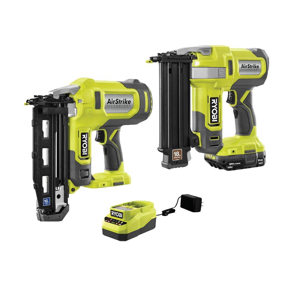 RYOBI ONE+ 18V Airstrike 18GA Brad and 16GA Straight Finish Nailer Kit 2.0Ah Battery and Charger PCL1202K