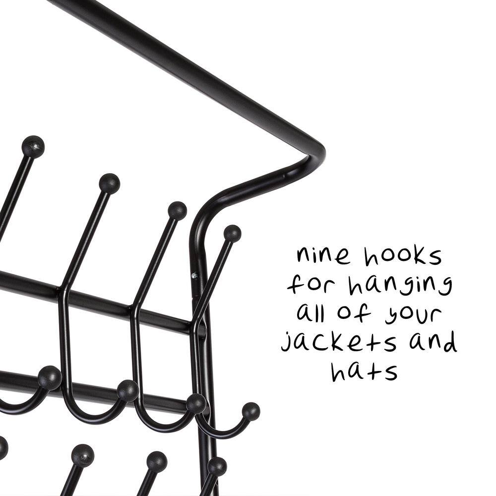 Versatile Black Metal Entryway Storage Valet with Bench and Hooks