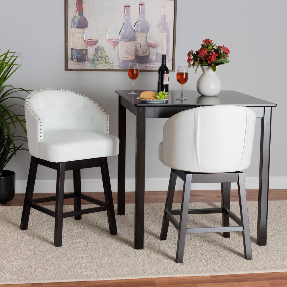 White Faux Leather and Espresso Wood Swivel Counter Stools, Set of 2