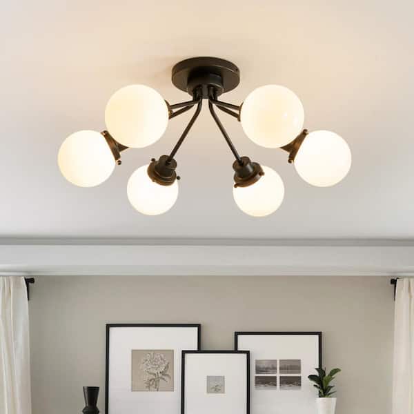 HUOKU Ceder 6-Light 24.4 in. W Mid-Century Modern Black Semi Flush Mount Ceiling Light Fixture with Opal Glass for Entryway