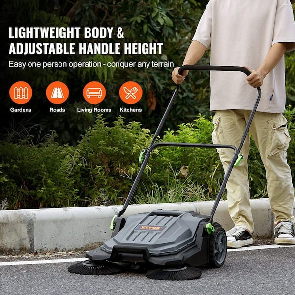 25.6 in. Walk-Behind Floor Sweeper, Manual Non-Electric, 5 Gal. Capacity, Angle and Height Adjustable, Folding Handle