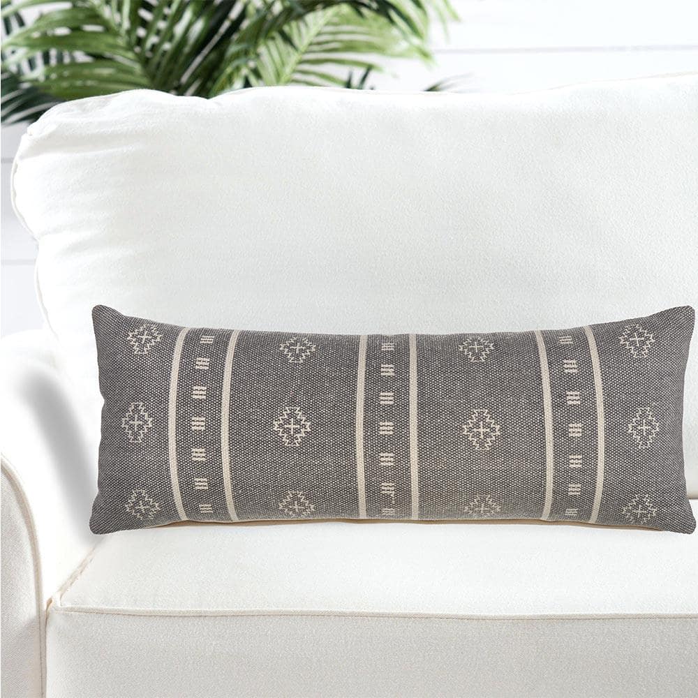 Gray and Cream Embroidered Lumbar Pillow, 36 x 14 Inch
