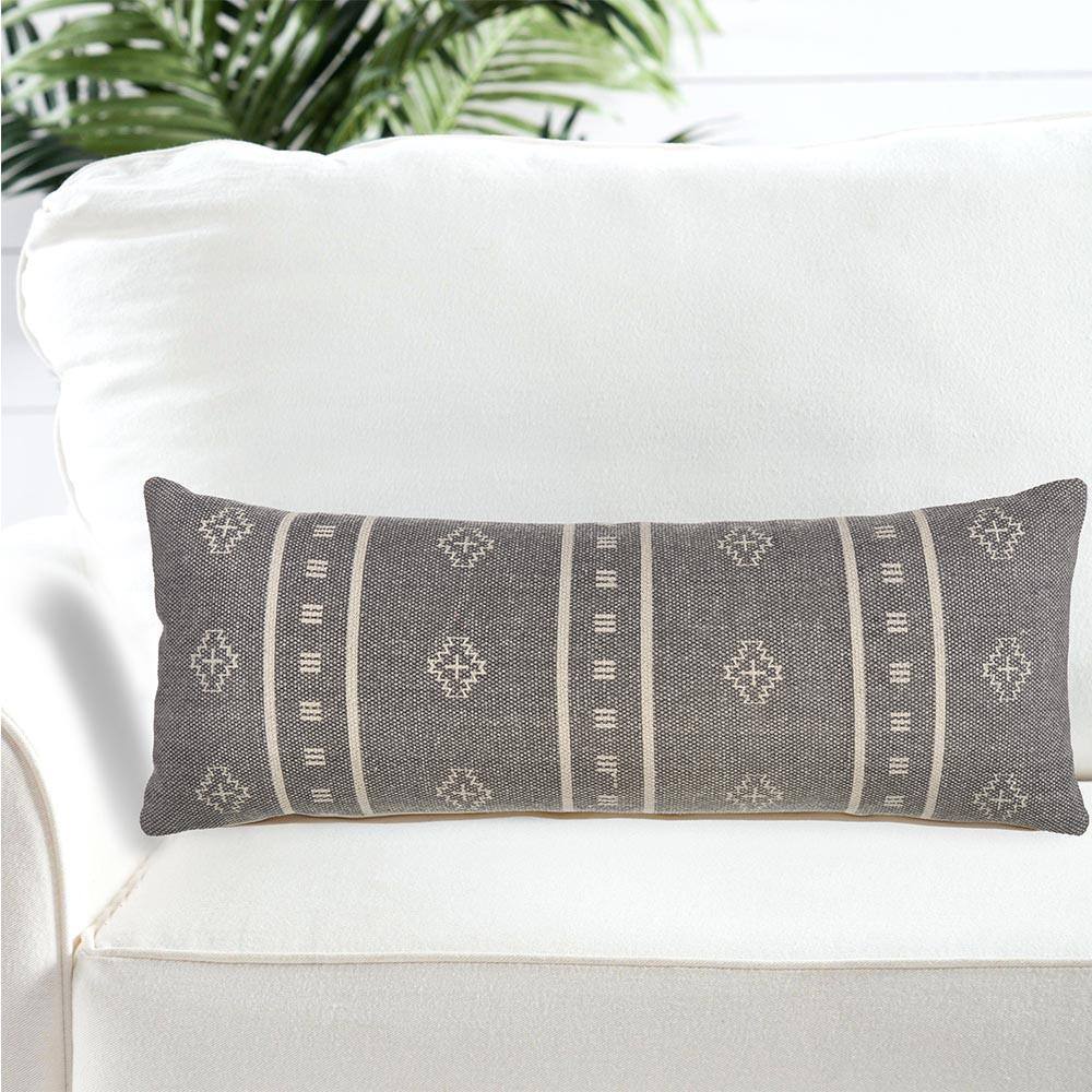 Gray and Cream Embroidered Lumbar Pillow, 36 x 14 Inch