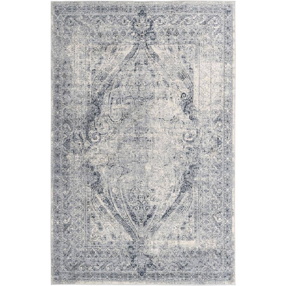 Dark Blue and Grey Rectangular Synthetic Indoor Area Rug