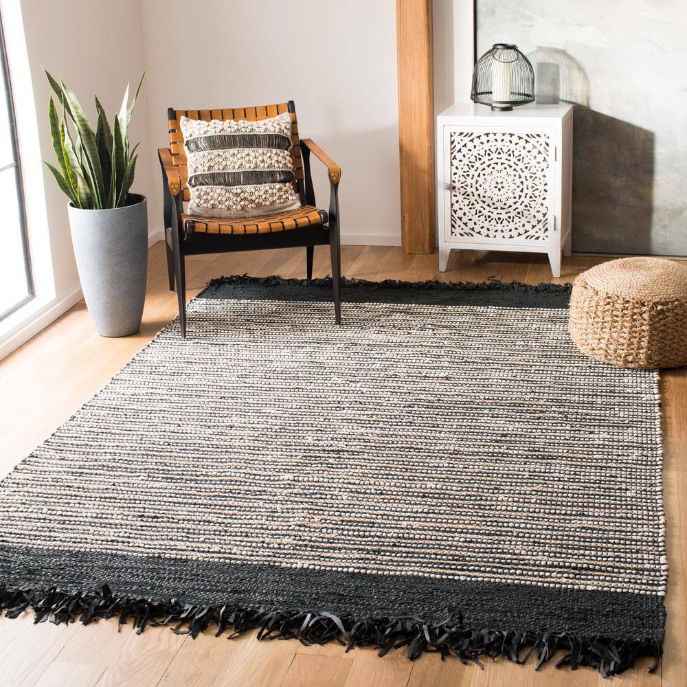 Handmade Black and Multi Leather Stripe Area Rug