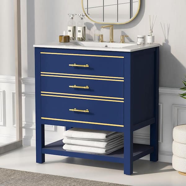 30 in. W x 18 in. D x 34 in. H Single Sink Freestanding Bath Vanity in Blue with White Ceramic Top