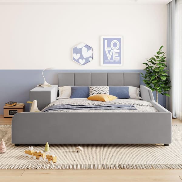 Gray Wood Frame Queen Upholstered Platform Bed with Bedsde Desk and Little Round Stool