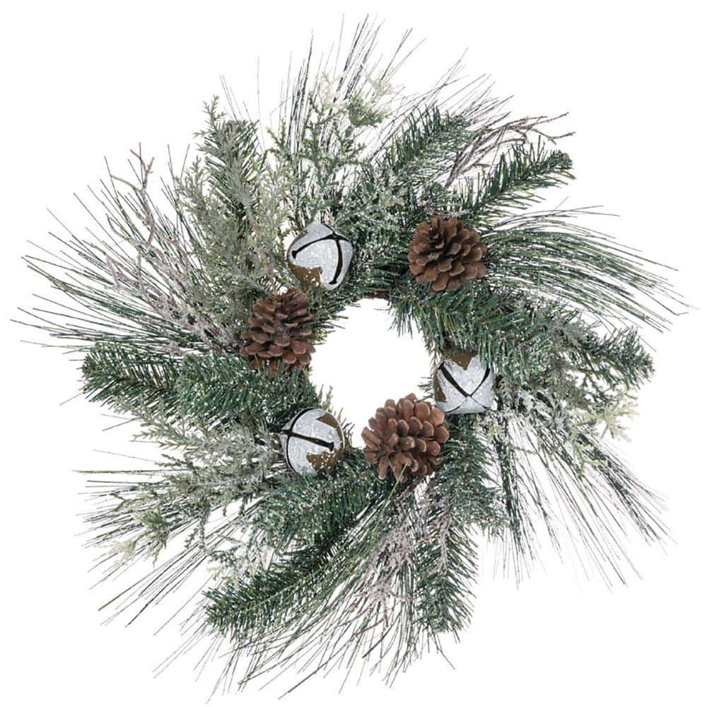 SULLIVANS 17 in. Artificial Flocked Pine and Bells Wreath, Green/ 3 pcs