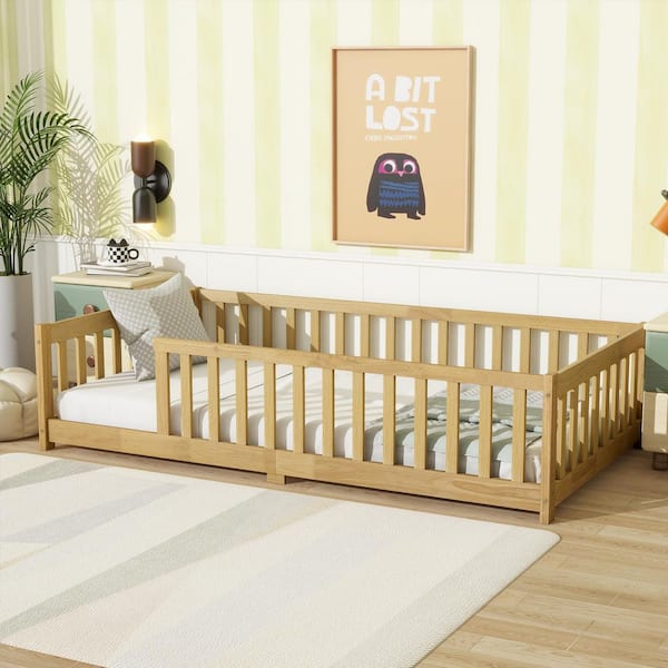 Natural Wood Twin Size Floor Platform Bed with Safety Guardrails