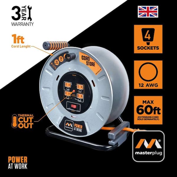 Masterplug 100Ft 4 Sockets 15A 12Awg Large Open Metal Reel in the