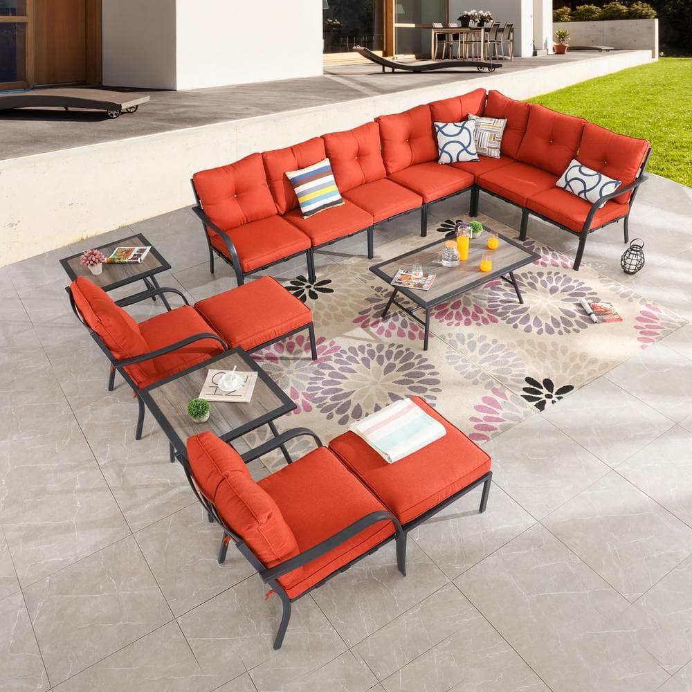 14-Piece Metal Patio Conversation Sectional Seating Set with Red Cushions price history on PriceWatchPro