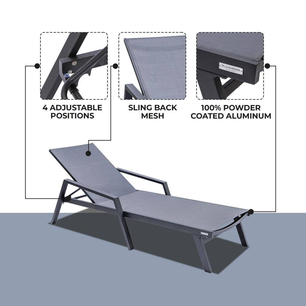 Dark Gray Aluminum Patio Chaise Lounge Chair with Arms and Cushions
