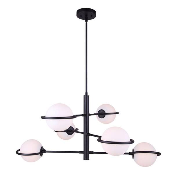 CANARM Keely 6-Light Matte Black Chandelier with Opal Glass Shades