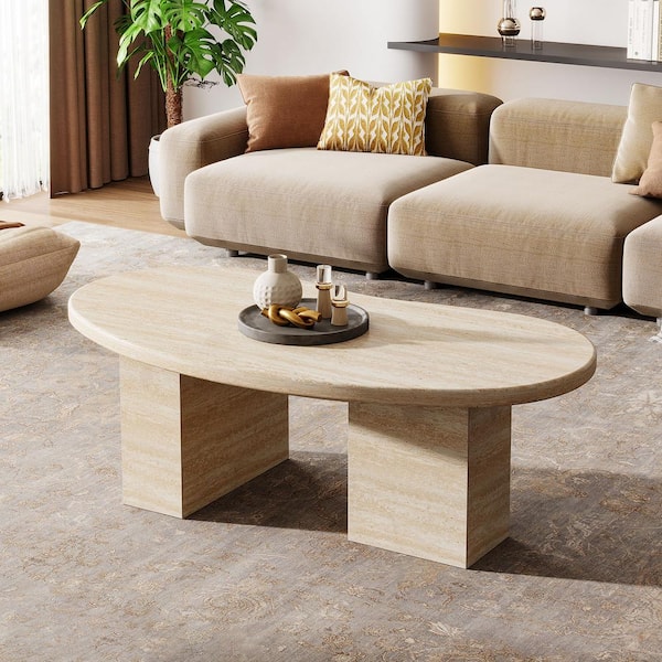 BYBLIGHT Allan 45 in. Oak Oval Wood Coffee Table with Pedestal