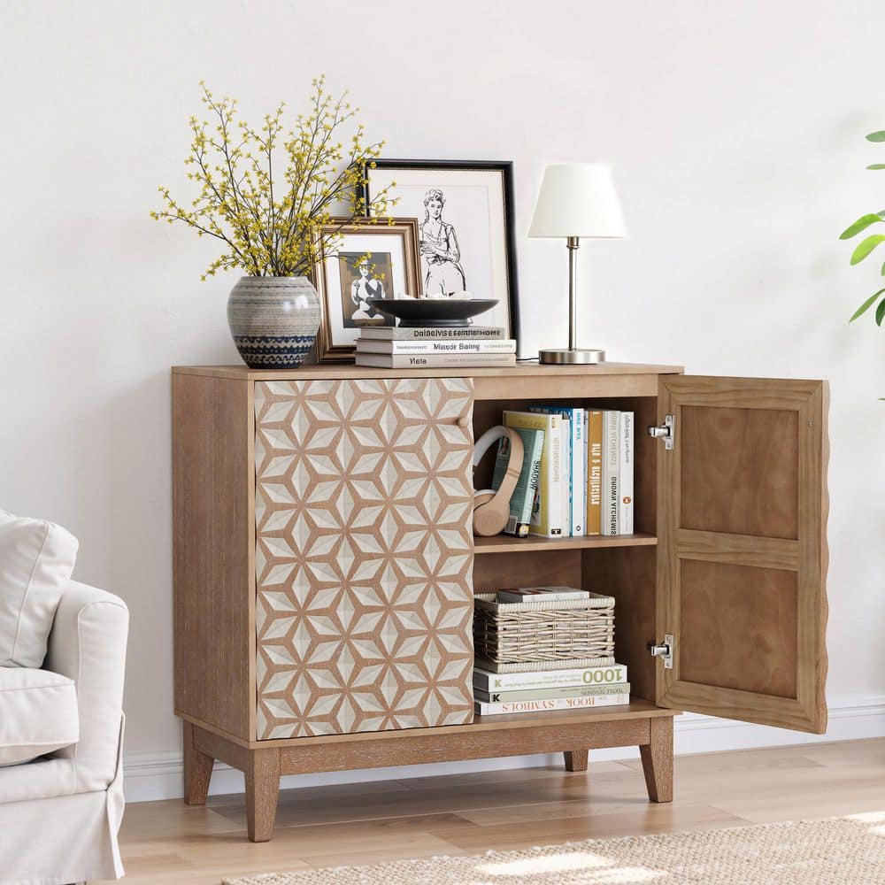 Ivonne 31.5 in. W Walnut Wood Buffet Sideboard Cabinet with Geometric Design, Adjustable Shelves, Doors