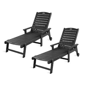 Helen Black Recycled Plastic Plywood Outdoor Reclining Chaise Lounge Chairs with Wheels for Poolside Patio (Set of 2)