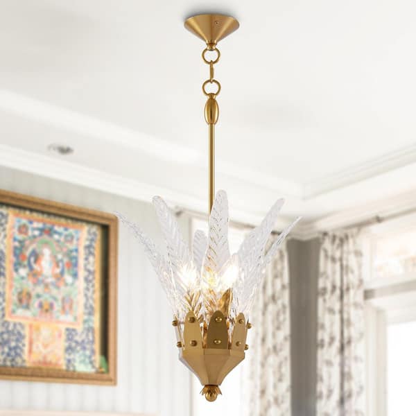 100 Watt 3-Light Brushed Gold Pendant Hanging Light with Glass Shade