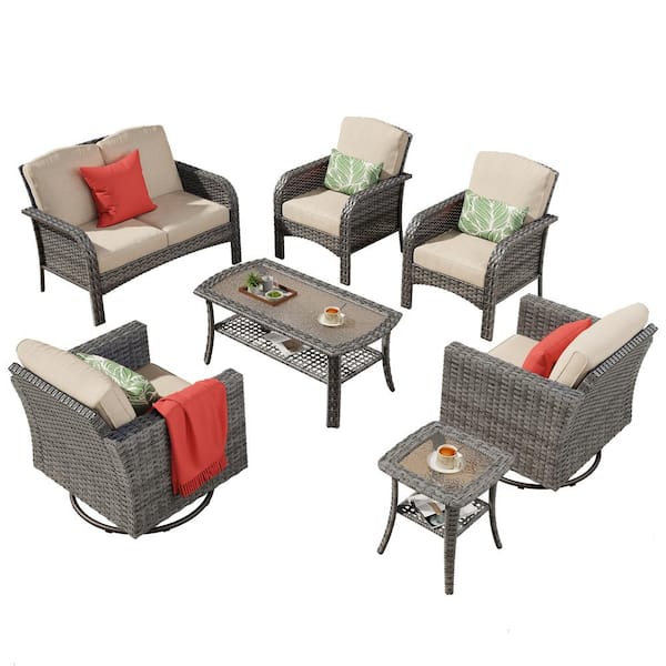 Missisi Gray 7-Piece Wicker Patio Conversation Set with Beige Cushions and Swivel Chairs