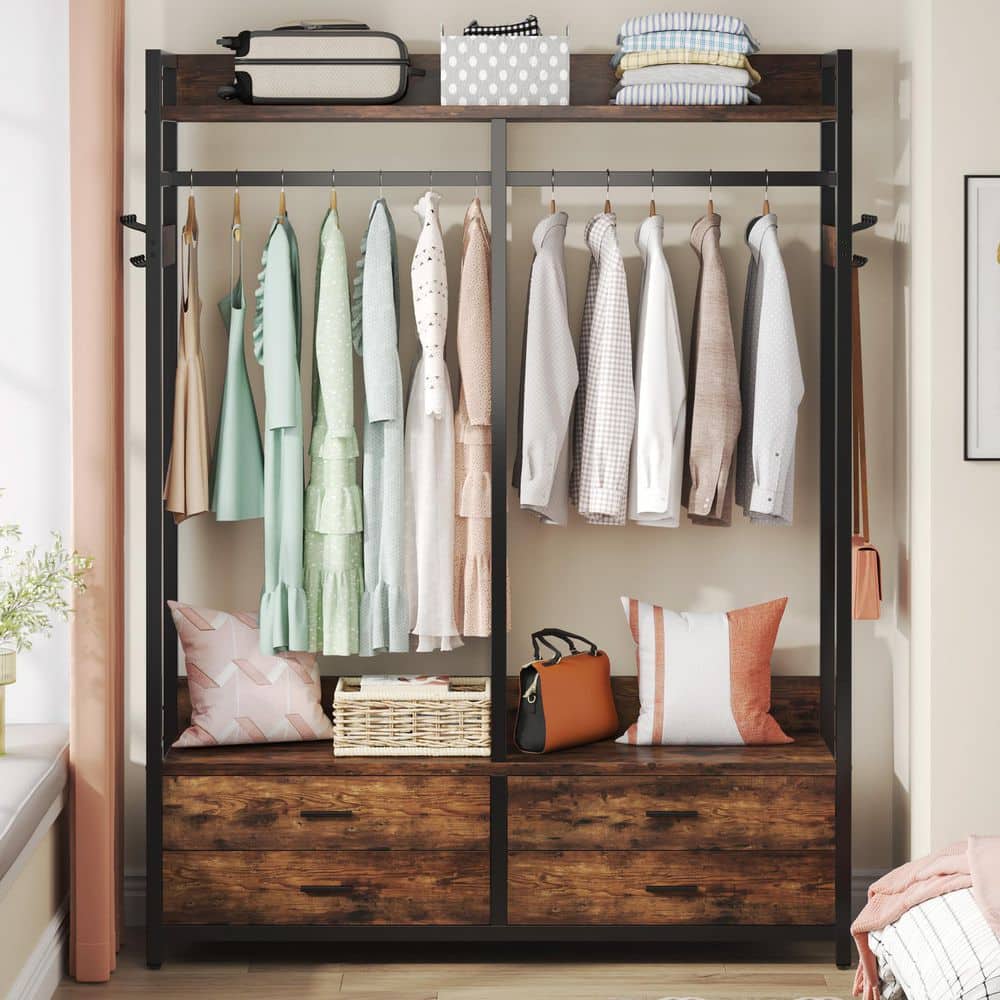 Carmalita Brown Closet Organizer Hanging Rod Garment Shelves 4 Drawers 8 Hooks Rack 70.9 in. H x 15.7 in. W x 47.2 in. D - thumbnail 7