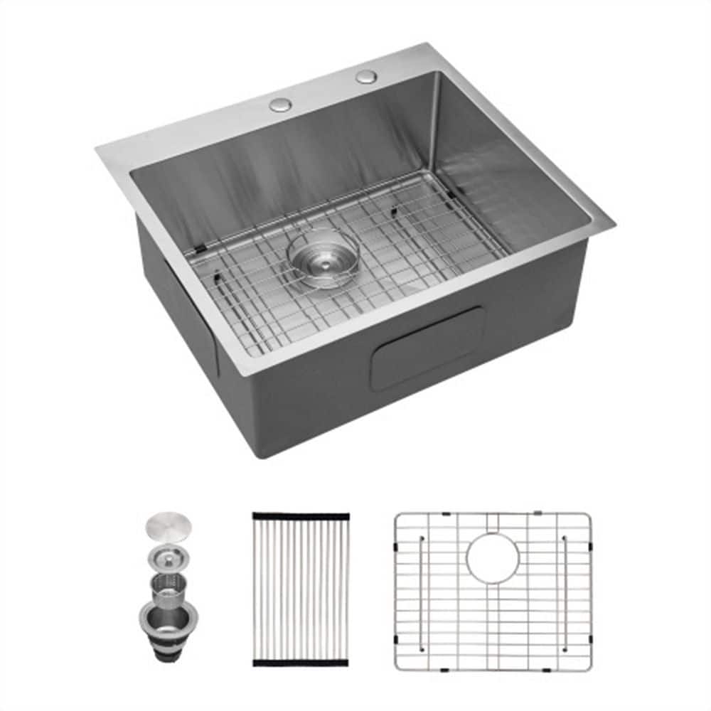 Brushed Nickel 16-Gauge Stainless Steel 25 in. Single Bowl Drop-In Workstat