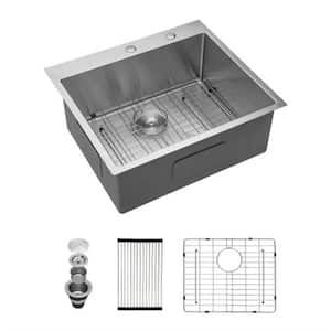 Brushed Nickel 16-Gauge Stainless Steel 25 in. Single Bowl Drop-In Workstation Kitchen Sink with Faucet