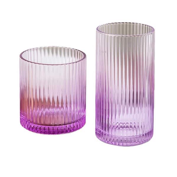 10 oz. and 12 oz. Purple Ribbed Highball Glasses Set of 8, Tumbler Cups for Cocktails and Entertaining, Dishwasher Safe