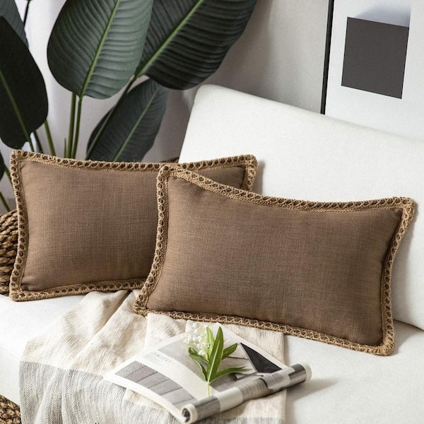 Unbranded Pack of 2 Decorative Throw Pillow Covers, Burlap Linen Trimmed, Coffee