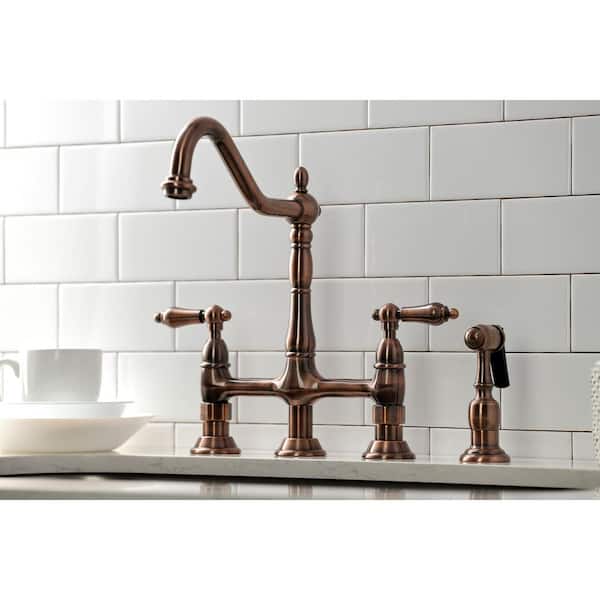 Heritage 2-Handle Bridge Kitchen Faucet with Side Sprayer in Antique Copper