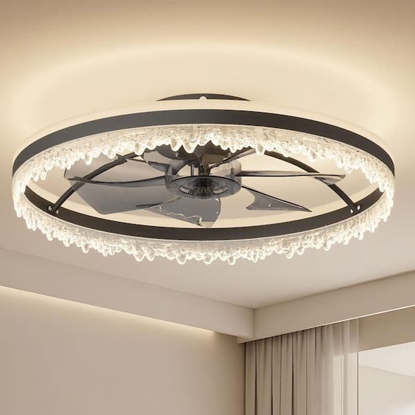24 in. 1-Light Black Flush Mount crystal Standard ceiling Fan with Integrated LED Light Standard Ceiling Fan Light Kit