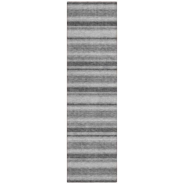 Black, Silver, Gray 2 ft. x 8 ft. Woven Striped Polyester Runner Indoor / Outdoor Area Rug