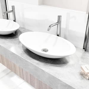 Matte Stone Wisteria Composite Oval Vessel Bathroom Sink in White with Apollo Faucet and Pop-Up Drain in Brushed Nickel