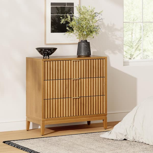 Nathan James Jasper Warm Pine 3-Drawer 31 in. Bohemian Fluted Dresser with Solid Wood Legs for Bedroom or Nursery