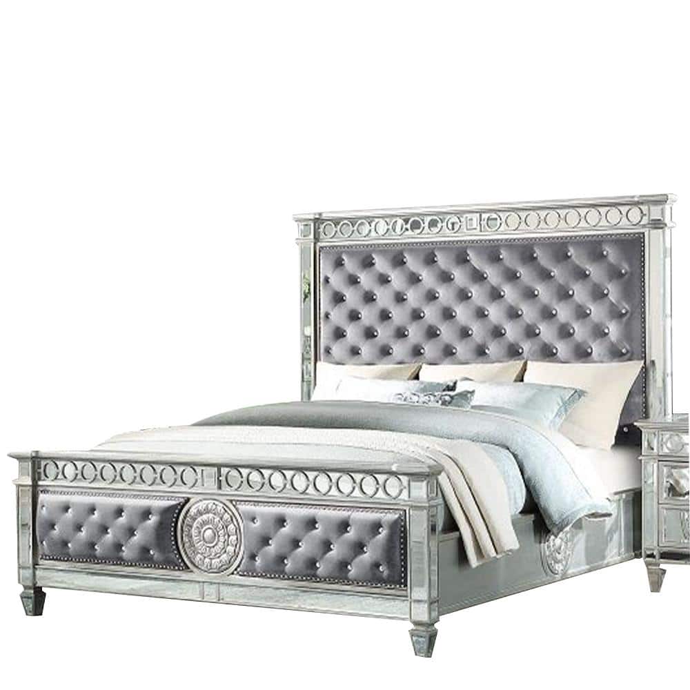 Varian Gray Velvet Upholstered Queen Bed with Mirrored Accents