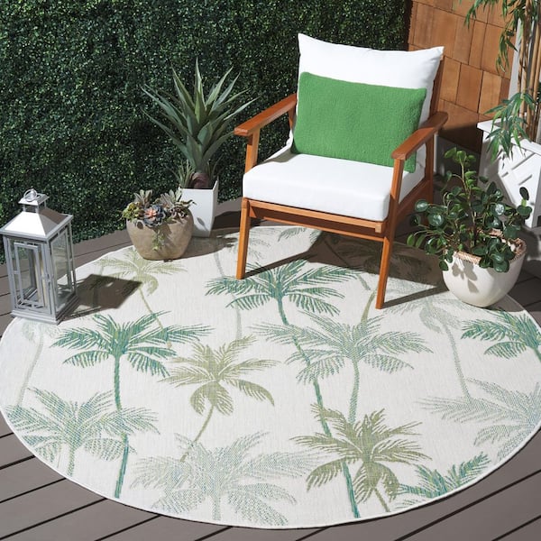Courtyard Ivory/Green 7 ft. x 7 ft. Botanical Palm Leaf Indoor/Outdoor Round Area Rug