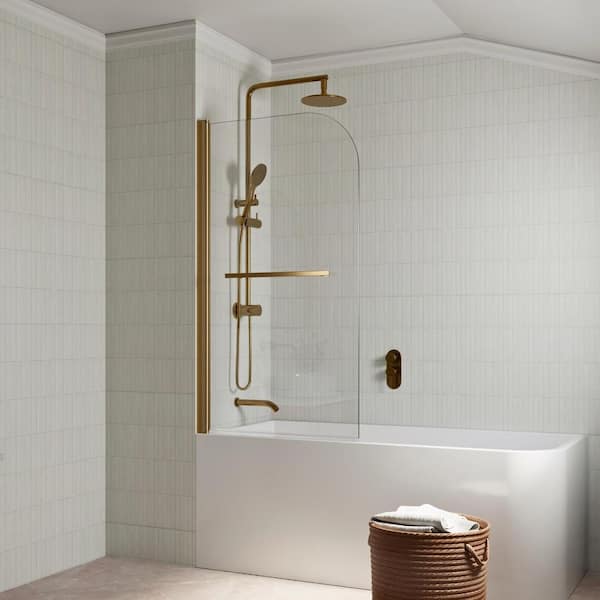 31 in. W x 55 in. H Pivot Half Shower Door for Bathtub Frameless, Tempered Glass 1/4 in. Thick, Brushed Gold Finish