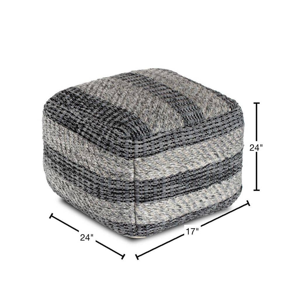 Handwoven Striped Gray Pouf Ottoman with Eco-Friendly Bead Fill
