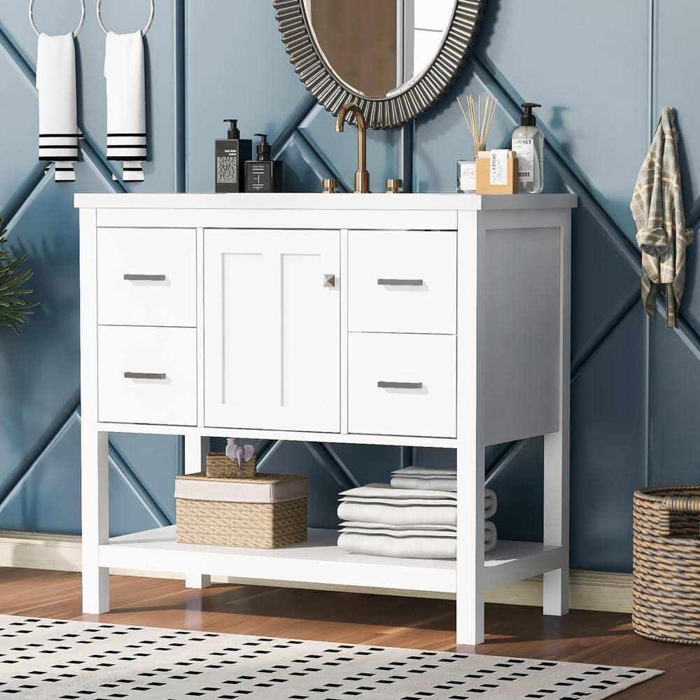 36 in. W x 18 in. D x 34 in. H White Linen Cabinet with Bathroom Vanity, Re