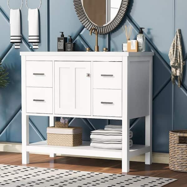 Unbranded 36 in. W x 18 in. D x 34 in. H White Linen Cabinet with Bathroom Vanity, Resin Sink, USB, 3 Drawers and Door