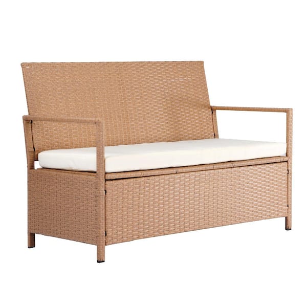 Metal Outdoor Storage Bench, With beige Cushion PE Rattan 70Gal Deck Box Waterproof Outdoor Seat & Storage
