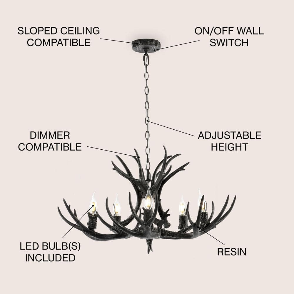 Eldora Black Resin Antler 5-Light Adjustable Chandelier