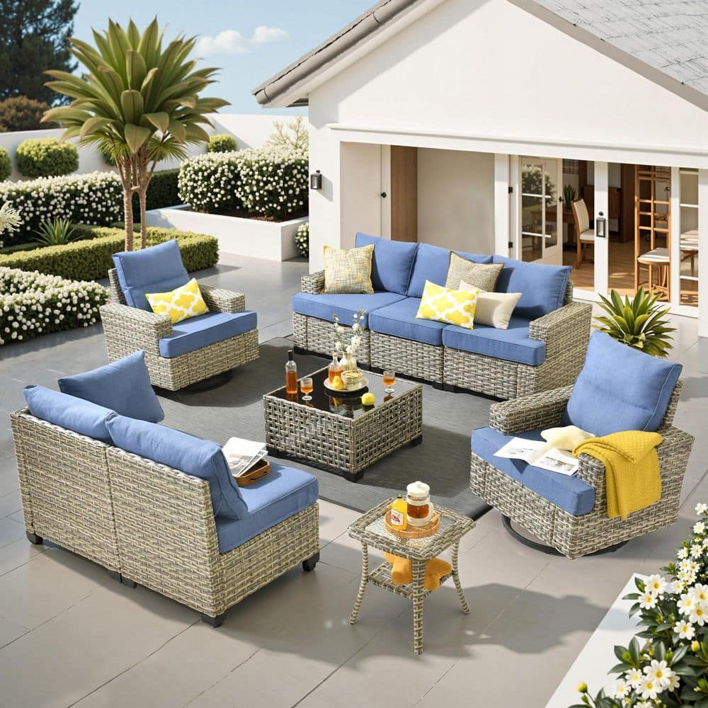 Silvae Gray 9-Piece Wicker Outdoor Furniture Set Patio Sectional Set with Rocking Chair & Denim Blue Cushion and Table