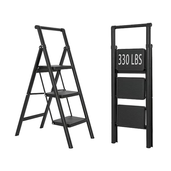 3.4 ft. Reach 3-Step Iron Ladder, Foldable Non-Slip, 330 lbs. Load Capacity, Suitable for Home Office, Black